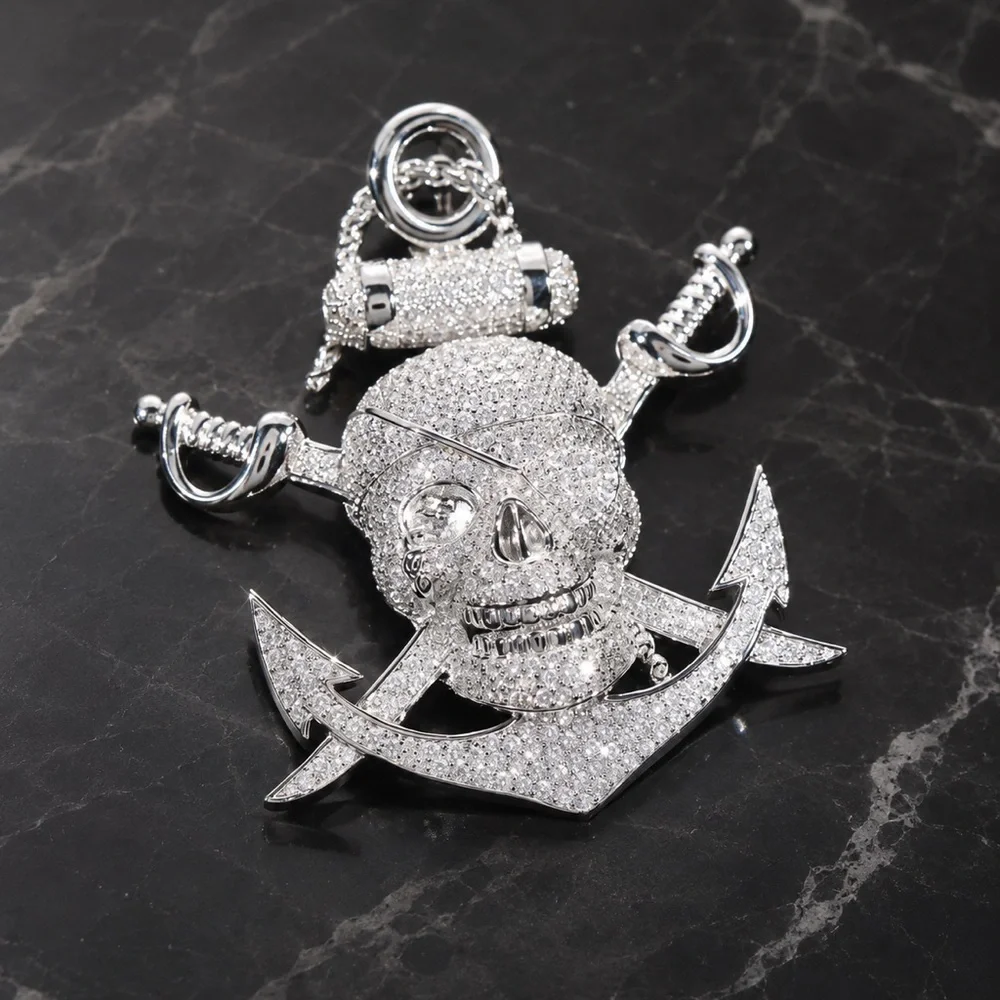 925 Sterling Silver Pirate Skull Pendant Necklace 7.20CTW MOISSANITE